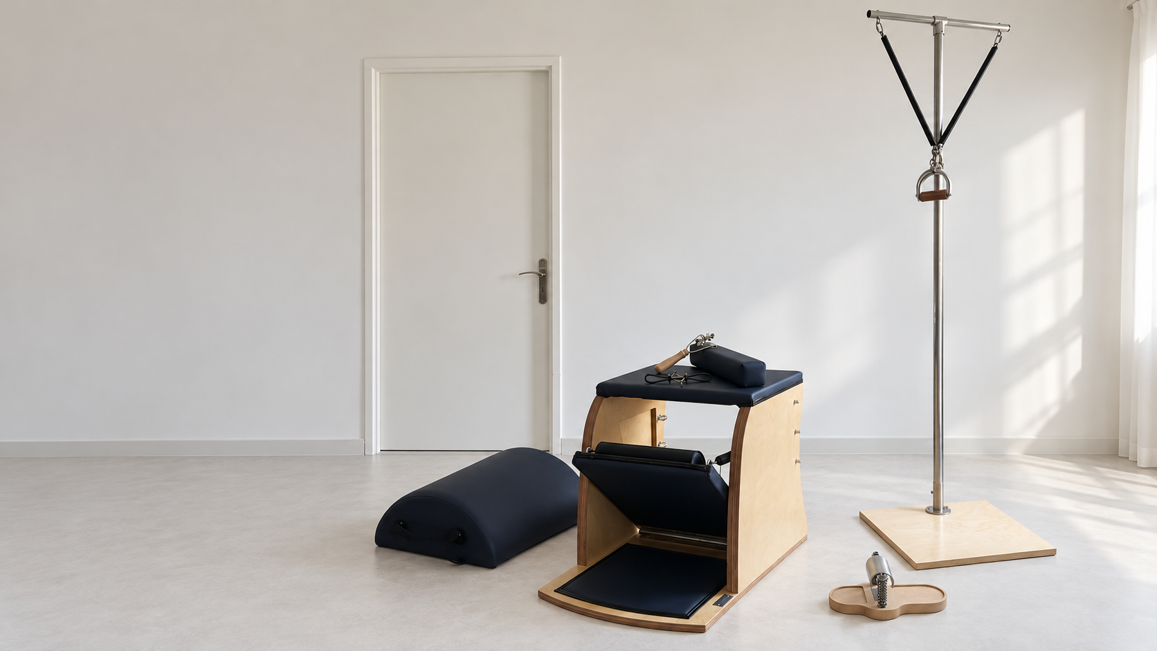 Studio atmosphere with classical Pilates equipment in natural light.